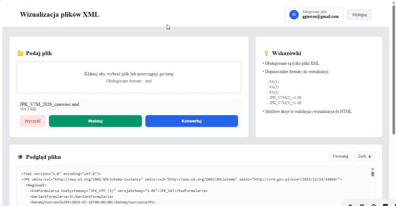 XMLVisualizer — podgląd i walidacja plików JPK oraz faktur z KSeF, konwersja do czytelnego HTML.